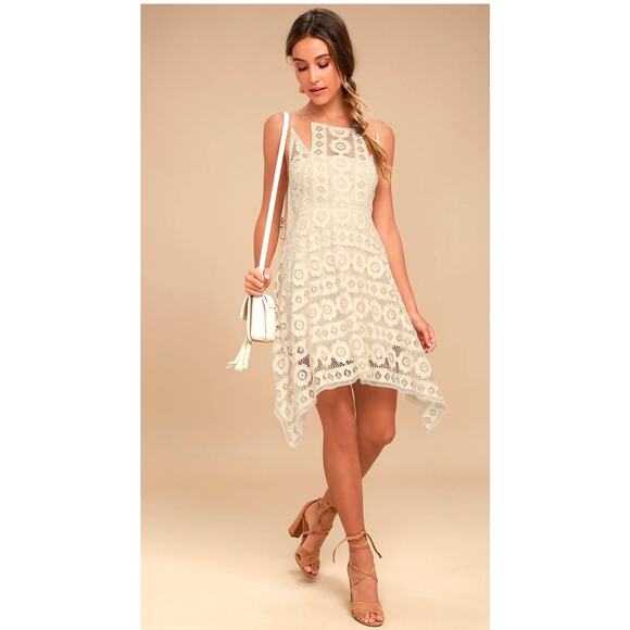 Free People women's xs Just Like honey Beige ivory Lace mini Dress boho lined - Picture 1 of 8